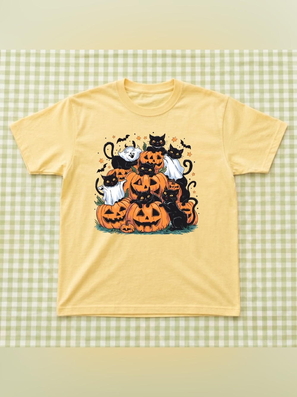 Halloween Pumpkin & Black Cats Graphic Tee - Yellow Vintage Style Funny Animals